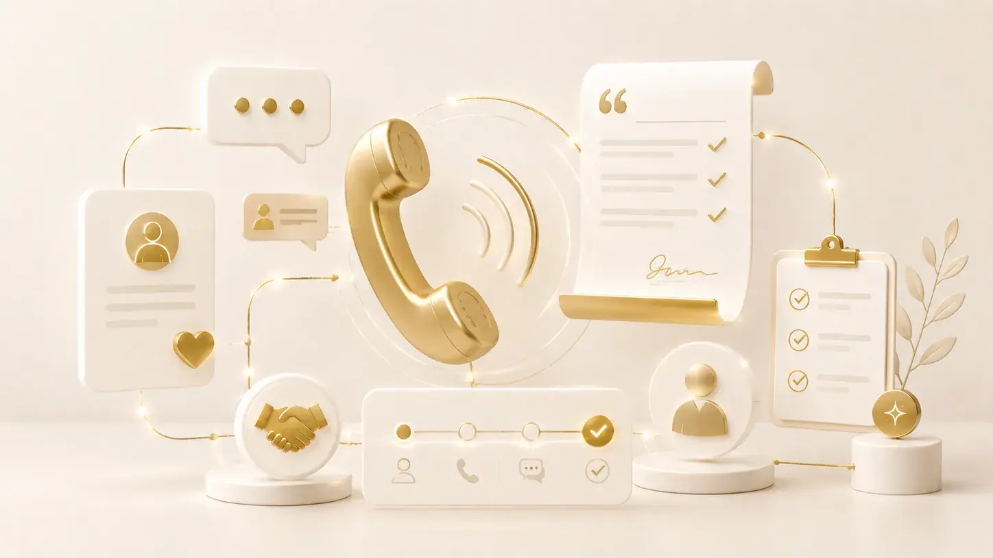 Illustratie van persoonlijke klantopvolging met telefonisch contact, chatberichten, een ondertekend document met checklist en een voortgangslijn van eerste contact tot afgeronde afspraak.