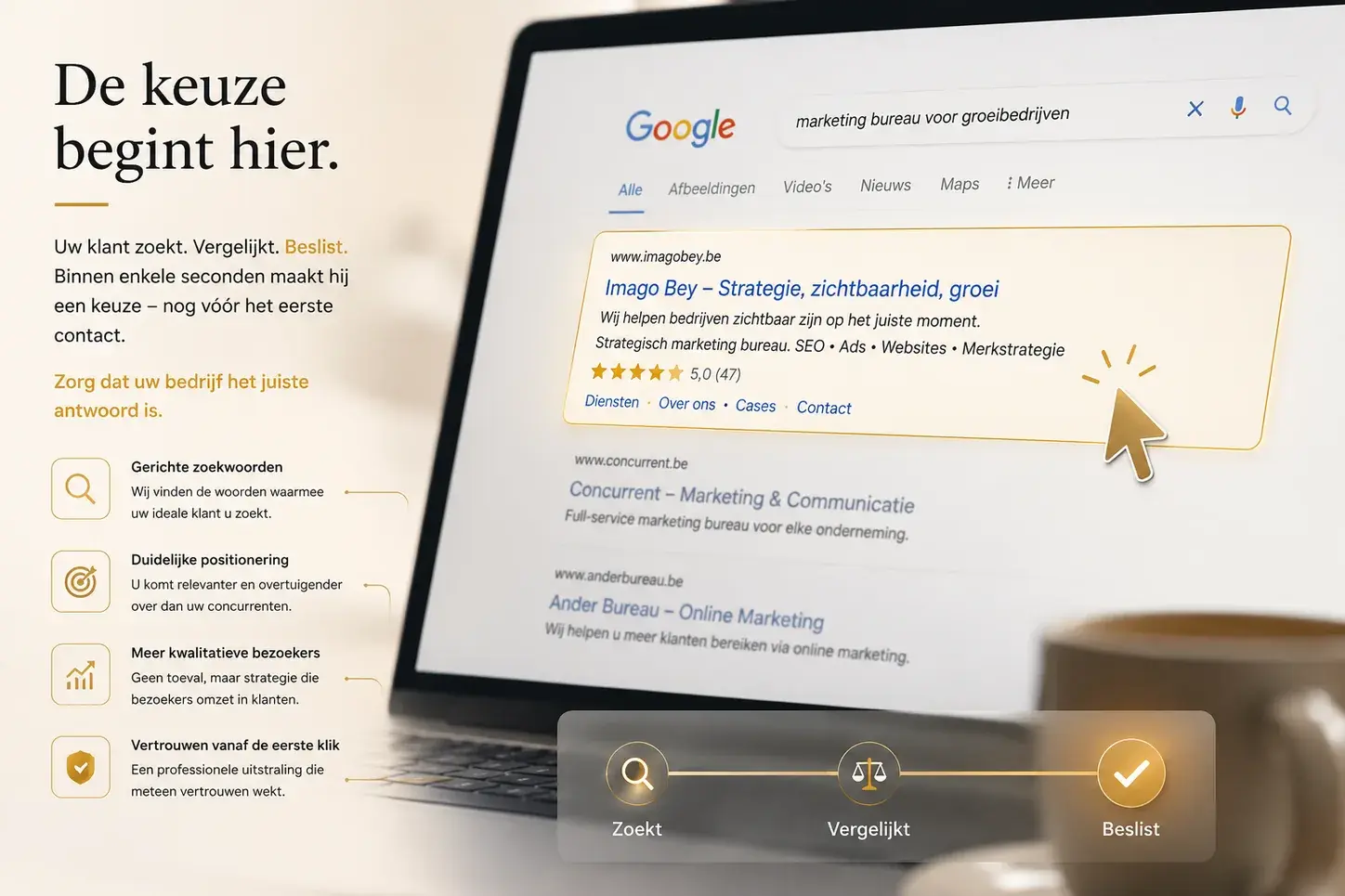 Google-zoekresultaten met een lokaal bedrijf prominent bovenaan, inclusief sterrenbeoordeling.